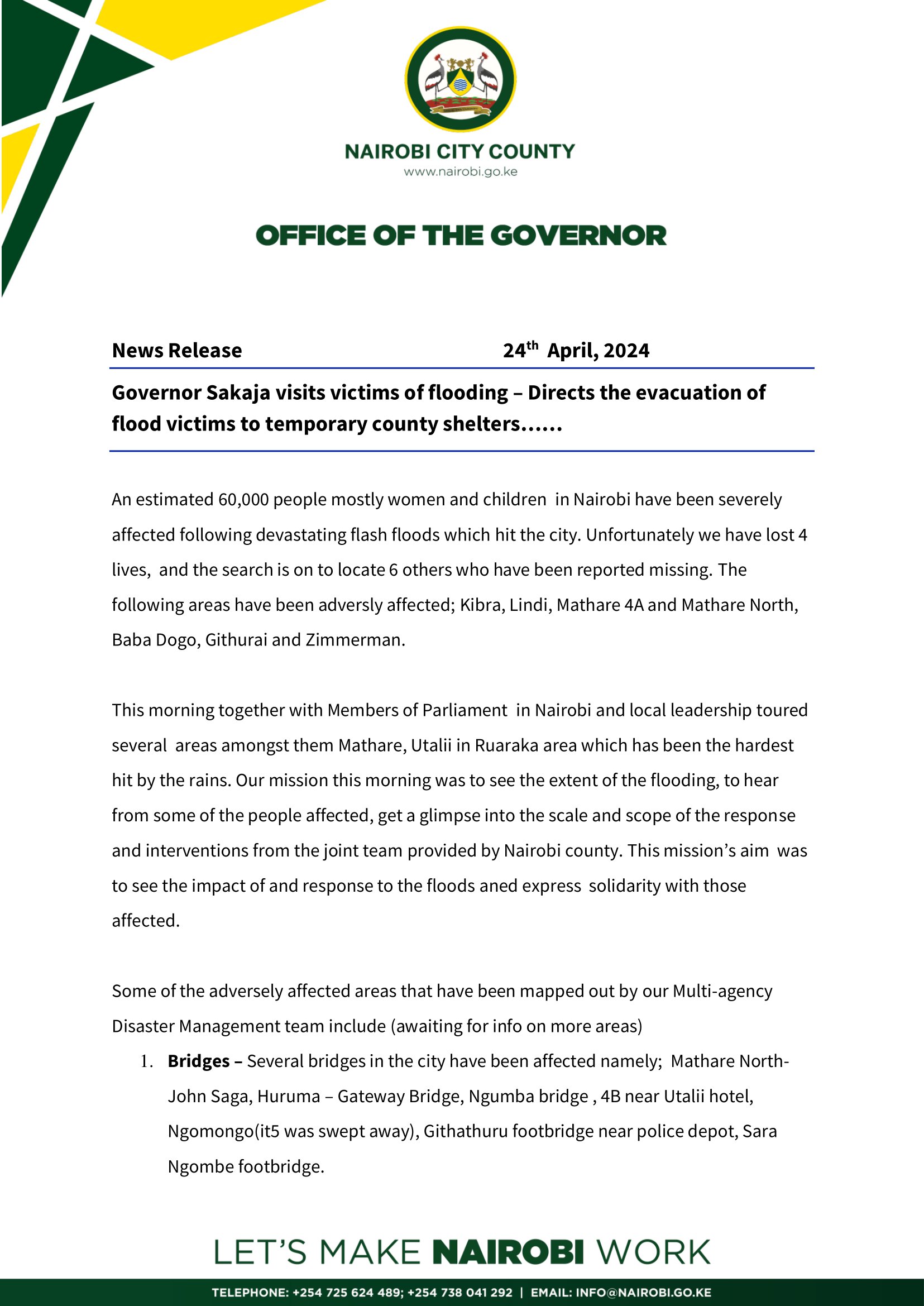 Press Release2 Governor Sakaja To Spearhead Evacuation Of Nairobi Reisdents Affected By Foods April 2024 1